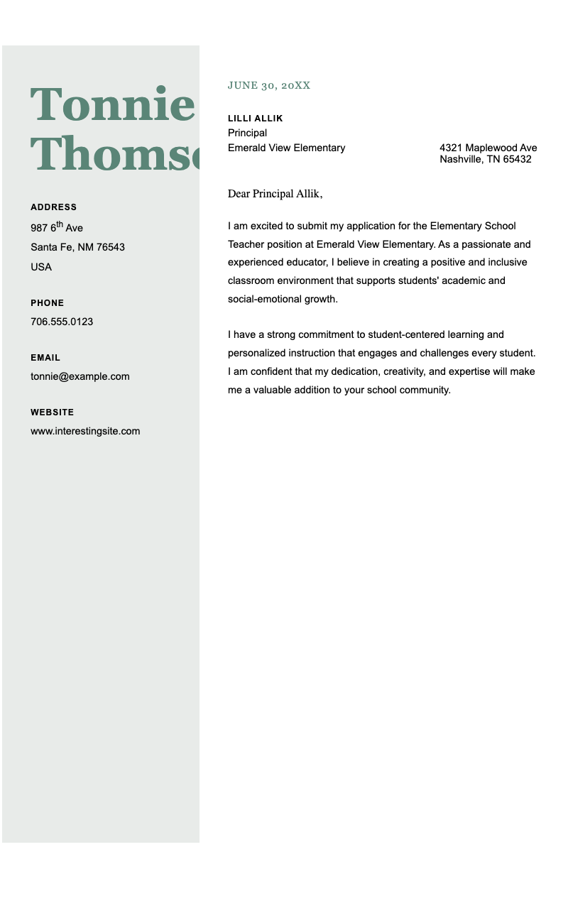 Stylish teaching cover letter - Elegant two-column cover letter template for educators. Professional layout with contact sidebar and compelling letter structure.